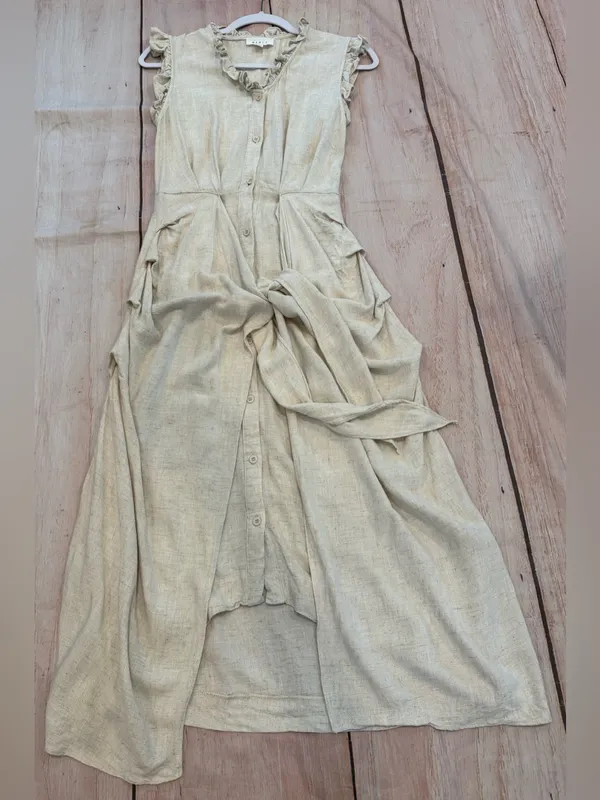MABLE Beige Linen Draped Corpcore Button-Down Midi Dress S Wrap Anthro - Image 2