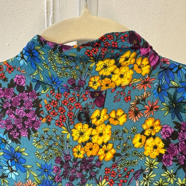 Dixie Teal Floral Tie Neck Tiered Ruffle Mini Dress Long Sleeve‎ Smocked Cuffs - Image 6