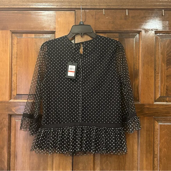 NWT DKNY XS Black Polka Dot Mesh Peplum Blouse Sheer 3/4 Ruffle‎ Sleeve Top - Image 5