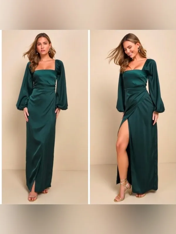 Lulu's Eternal Heart Emerald Green Satin Long Sleeve Maxi Dress - Image 2