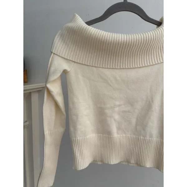 Women’s Ivory Off Shoulder Sweater Ribbed Foldover Cowl Neck Knit Pullover - Image 6