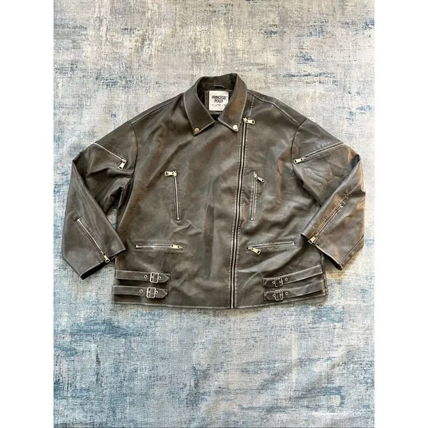 NWT! Princess Polly Curve Magnets Faux Leather Jacket Washed Charcoal Size US 14 - Image 2