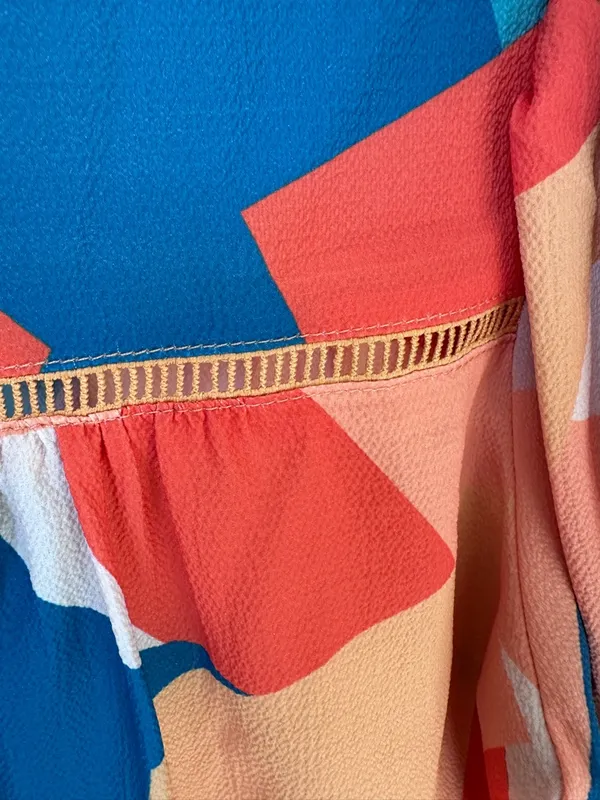 Vici Teal, Orange & Cream Abstract Balloon-Sleeve Blouse - Image 6
