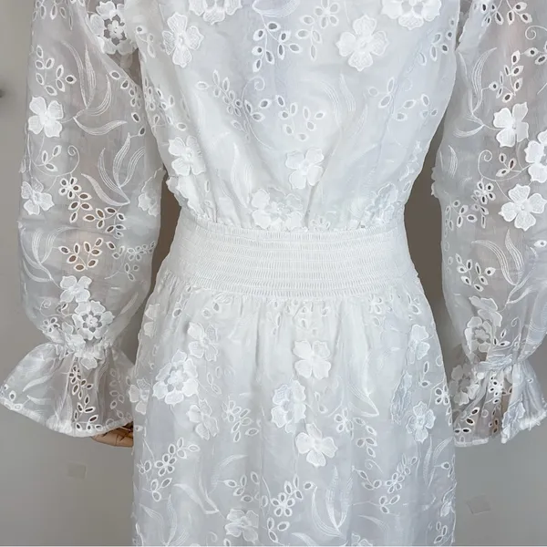 Elliatt Delphi Embroidered Lace Midi Dress in White Bridal Wedding Ready - Image 11