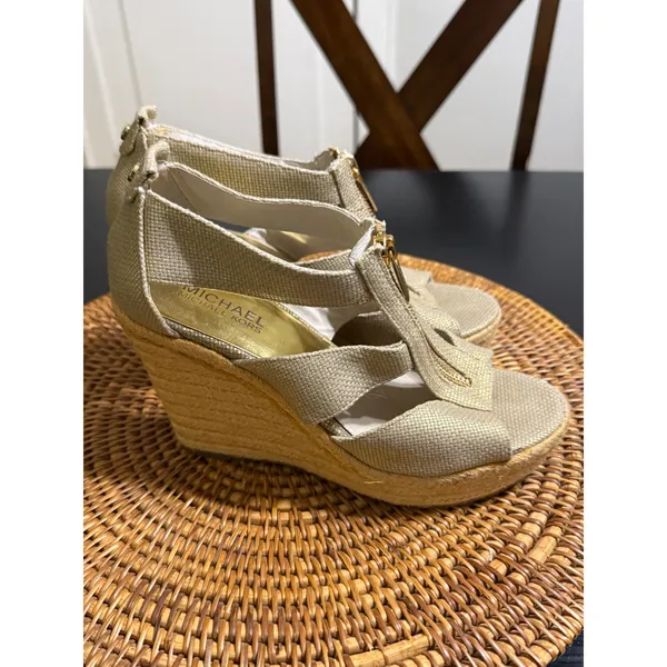 Michael Michael Kors Gold‎ Espadrille Wedge Sandals Front Zip Womens 7M PW13K - Image 6