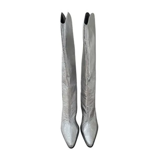 Steve Madden Croft Metallic Silver Crinkle Knee High Western Boots Size 8 NEW - Image 5