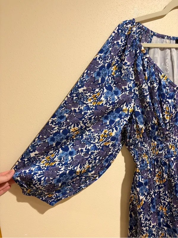 J. Crew V-neck Midi Dress in Fête Floral Print Blue Satin Long Sleeves Medium - Image 10