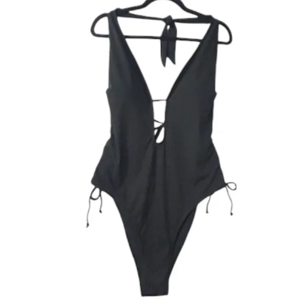 Black Plunge Tie Side‎ Ruched One Piece Swimsuit Adjustable Bathing Suit XS - Image 13