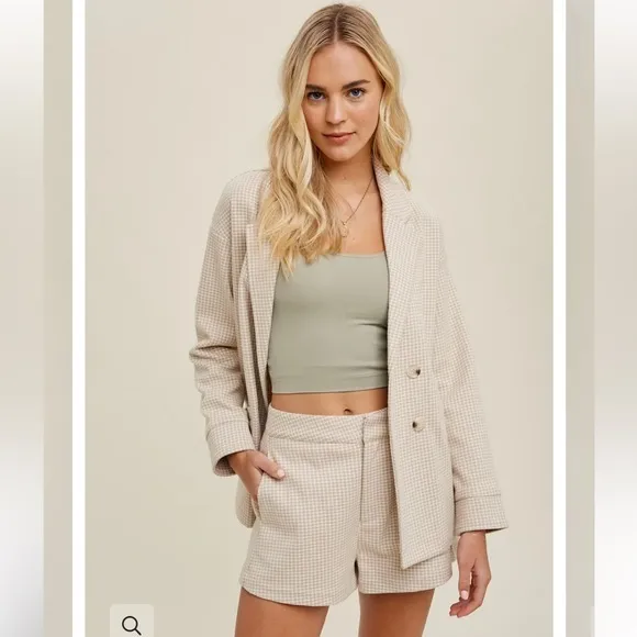 Wishlist‎ Size M Matching Blazer & Short Set Tan Cream Checkered Neutral Office - Image 9