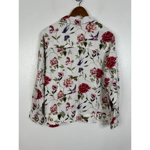 Tahari Floral Bird Print Linen Blend Jacket Womens 1X White Red Button Up New - Image 2