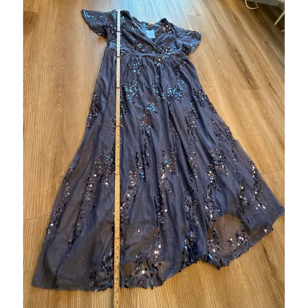 Pinup Fashion Blue Sequin Mesh Maxi Dress Plus Size 18W Flutter Sleeve V-Neck - Image 5
