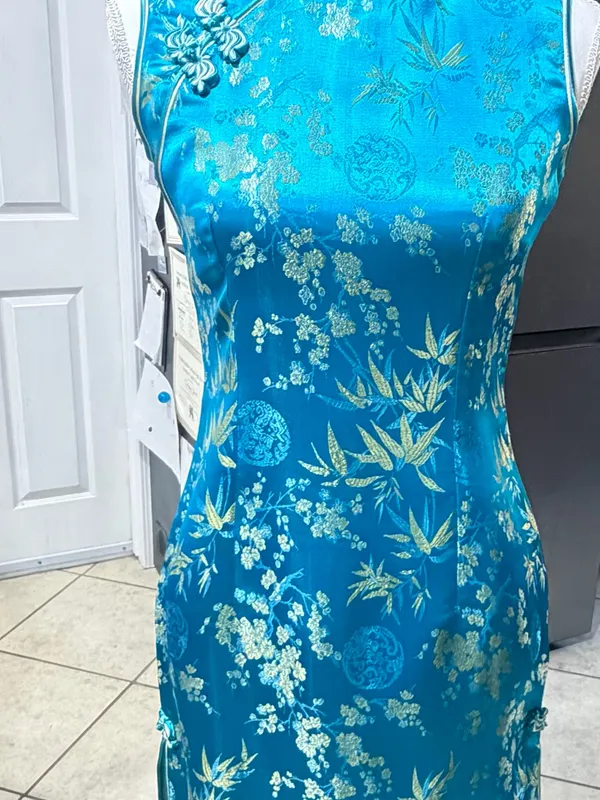 Women's Blue Satin Look Cheong-sam Qipao Dress Size S Polyester - Image 2