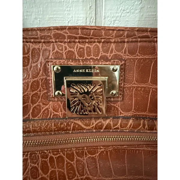 Anne Klein Cognac Brown Croc Embossed Faux Leather Satchel Handbag Gold Hardware - Image 2