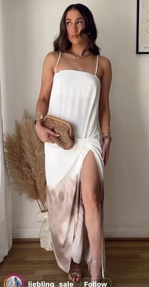 Zara NWT white beige brown ombré tie dye detail spaghetti strap midi maxi dress - Image 9