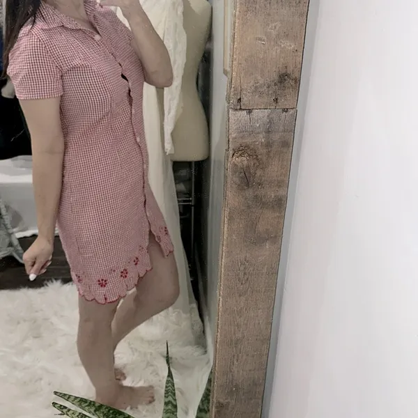 Vintage Red Gingham Button-Up Dress with floral embroidered bottom size 8 - Image 3
