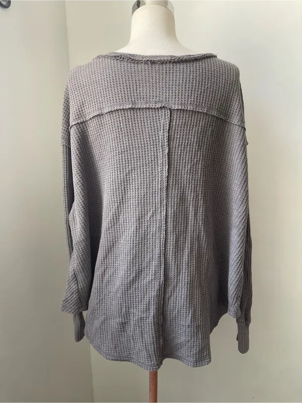 Pink Rose Gray Waffle V-Neck Pullover Sweatshirt - Image 3