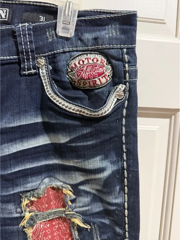 Affliction Jade Women's Distressed Blue Jeans with Red Bandana Patch Size 31 - Image 7