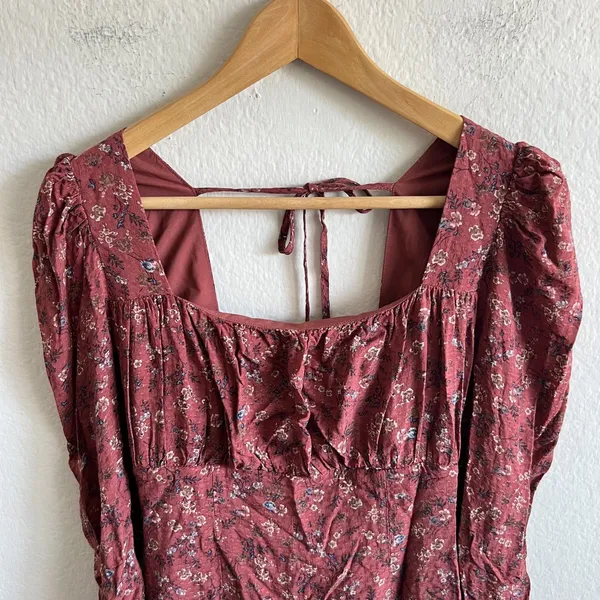 SADIE & SAGE Floral Burgundy Ruched Long Sleeve Bodycon Mini Dress Womens Medium - Image 6