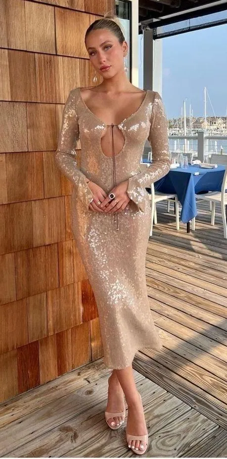 NEW Alix Earle Gold Sequin Open Back Cocktail Midi Dress - Image 2