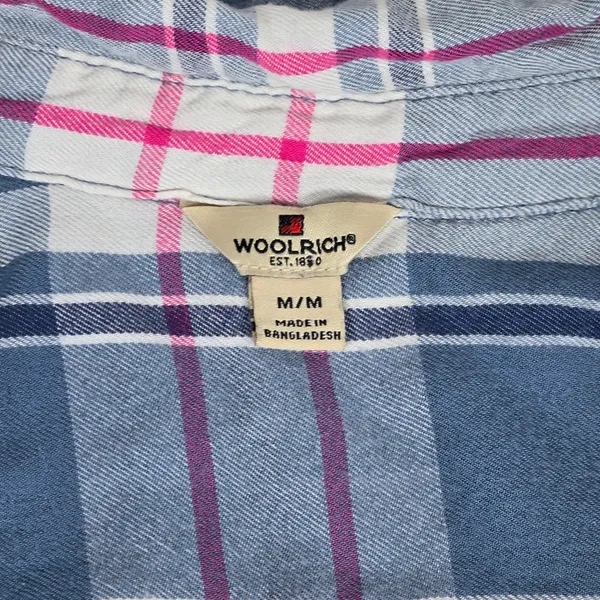 Woolrich Plaid‎ Button Down Shirt Womens M Blue Pink Long Sleeve Rayon - Image 5
