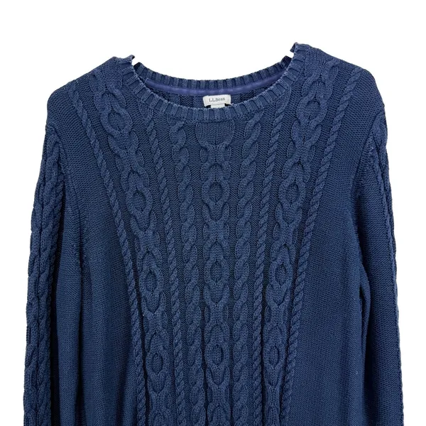 LL Bean Navy Blue Double L Mixed Cable Cotton Crew Neck Pullover Sweater LARGE - Image 4