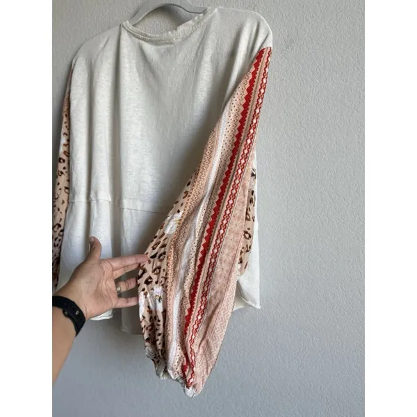 Easel Women’s Large Boutique Cream Patchwork‎ Flare Balloon Long Sleeve Top Boho - Image 6