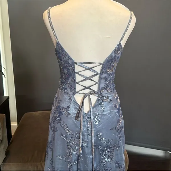 Women’s Blue Mermaid Fit Dress Sparkly Sequins LaceUp Back Leg Slit Size 4 *READ - Image 12
