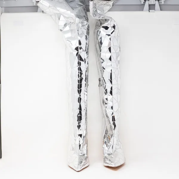 NEW Azalea Wang Shattered Disco Over The Knee High Heels Boots Shoes Silver 6 - Image 2