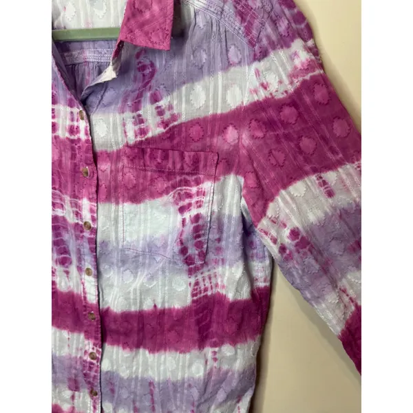 Pilcro Janesse Tie-Dye Button down‎ Shirt Sz M 100% Cotton Pink White Purple - Image 3