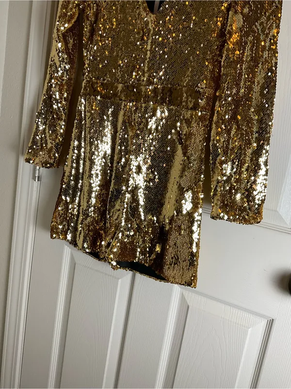 HAODUOYI Gold Sequin V-Neck Long Sleeve Party Romper - Size Medium - Image 3