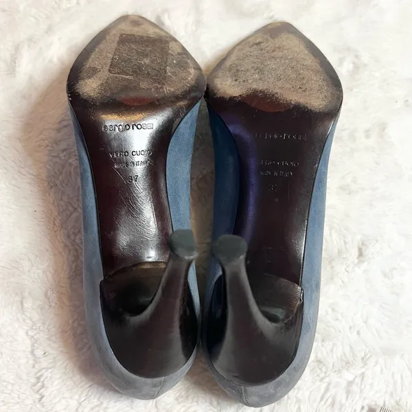 Sergio Rossi Pointed Toe Heals Blue Suede & Embossed Brown Leather Size 37 US 7 - Image 12