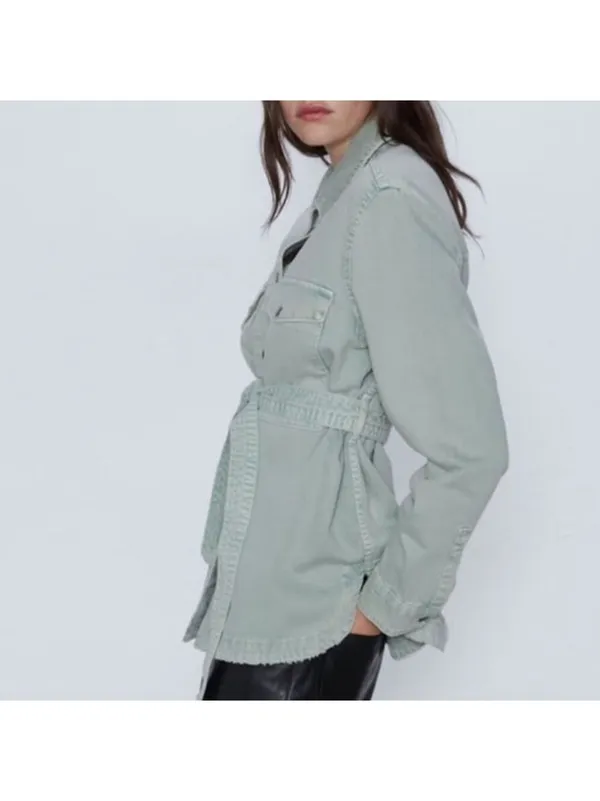 Zara denim belted cotton jean jacket sage green Sz XL - Image 2