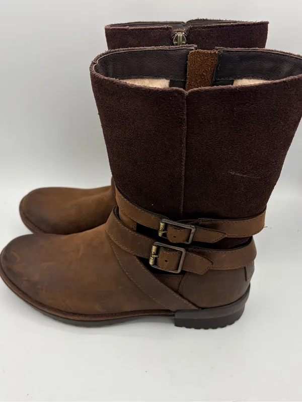 UGG Lorna brown leather and suede mid calf boot women’s 6.5 moto chic - Image 7