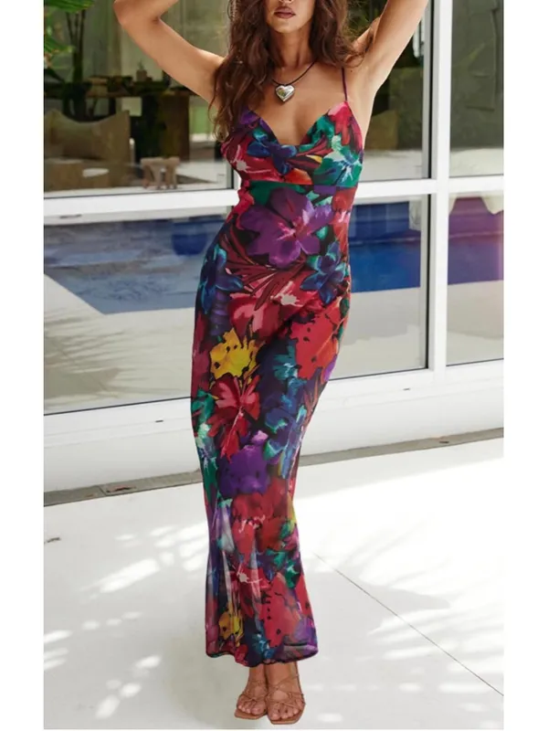 PRETTYGARDEN NEW Floral Spaghetti Strap Maxi Dress Stretch Bodycon L - Image 2