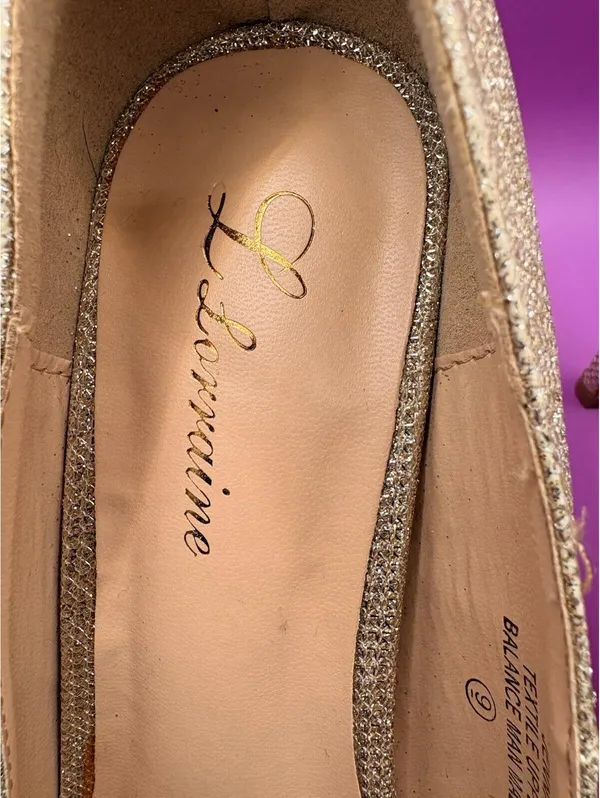 Lauren Lorraine Gold Pump Heels Bow Glitter Peep Toe Slip On Size 9 - Image 8