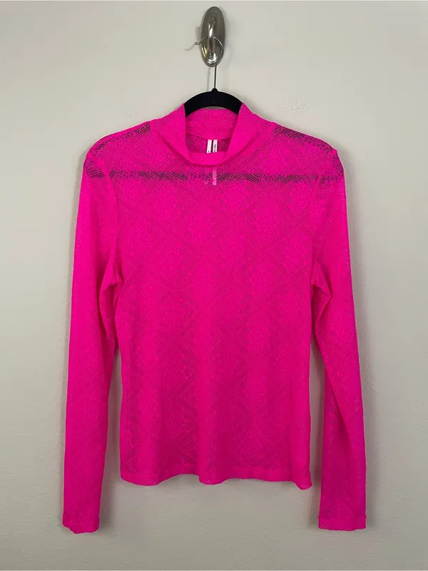 Anthropologie Bright Pink Floral Sheer Lace Long Sleeve Mock Neck Top Size Large - Image 3