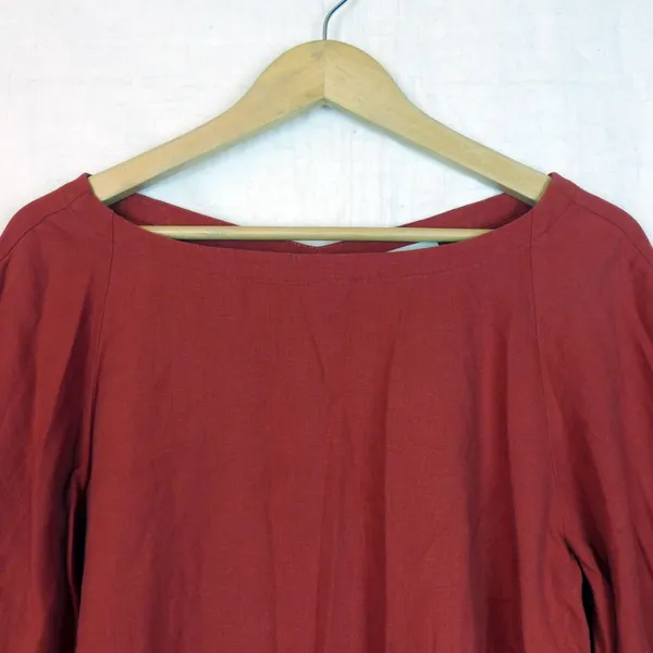 LOFT Linen Blend Peasant Top Womens M Rust Orange Balloon Sleeve Boat Neck Boho - Image 3