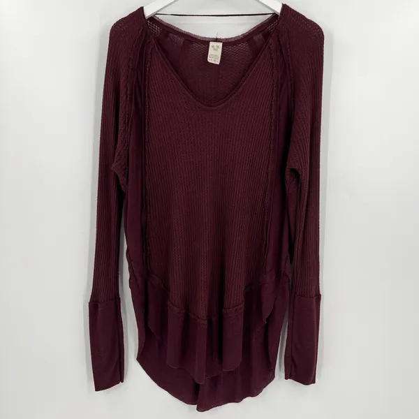We The Free People Laguna Waffle Knit Top Burgundy Red‎ Long Sleeves Size Medium - Image 3