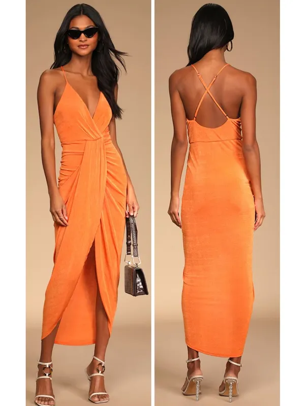Lulus Dreamy Date Orange Surplice Midi Dress Size Small Sleeveless Sexy Mobwife - Image 2