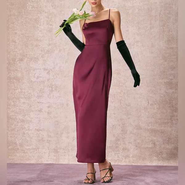 Rihoas The Red Back Slit Satin Sling Maxi Dress - Image 4