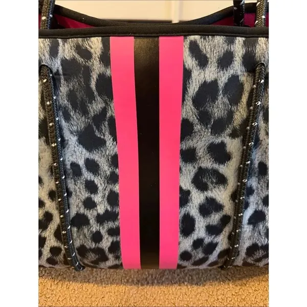 Haute Shore Grey Black Animal Print Neoprene Tote Pink Stripe Shoulder Bag - Image 2