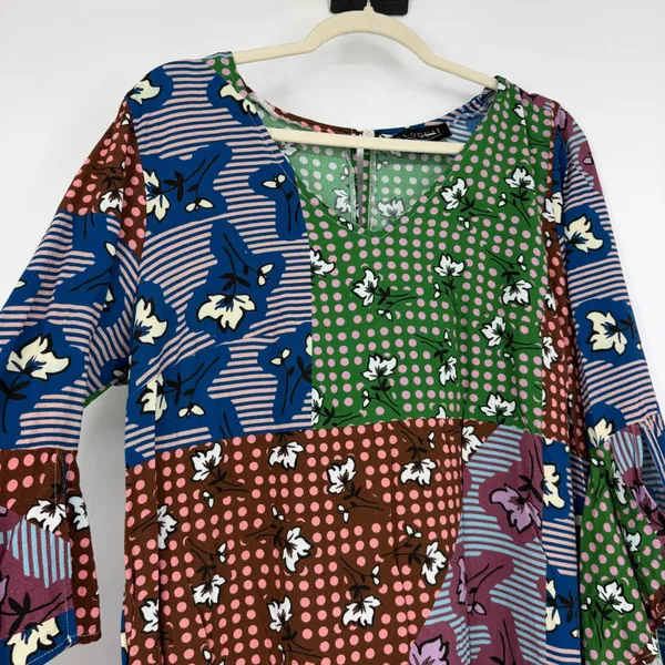 Eloquii Patchwork Floral Polka Dot Bell Sleeve Mini Dress Size 14 Fall Leaf - Image 4