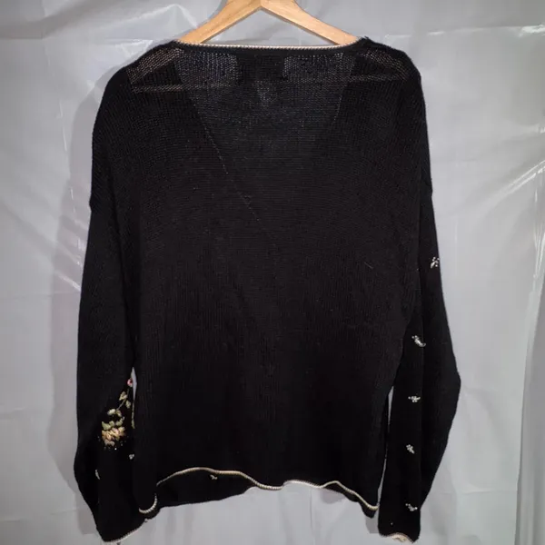 Tiara International Vintage Floral Embroidered Beaded Cardigan Black XL Grandma - Image 2