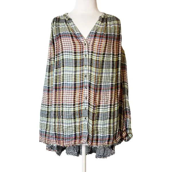 Free People Come On Over Plaid Top Oversized High Low Button‎ Front Blouse Small - Image 10