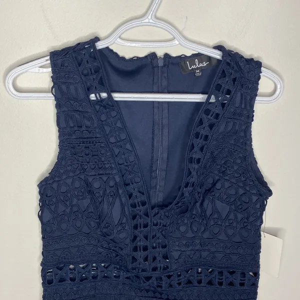 Lulu’s Take Me Dancing Navy Blue Crochet Lace Sleeveless Mini Dress size M - Image 4