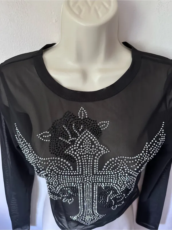 Black Mesh Long-Sleeve Crop Top with Rhinestone Cross - Image 6