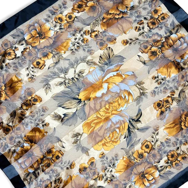 Vintage Black Gold Floral Stripe Square Sheer Fashion Scarf - Image 3