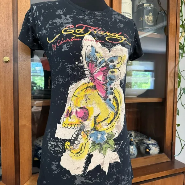 Vintage Y2K Ed Hardy Butterfly & Skull Graphic Tee - Image 2
