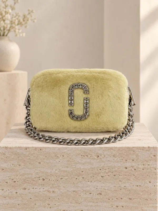 Marc Jacobs Luxe Snapshot Yellow Faux Fur Camera Bag Crystal Logo NWT - Image 7