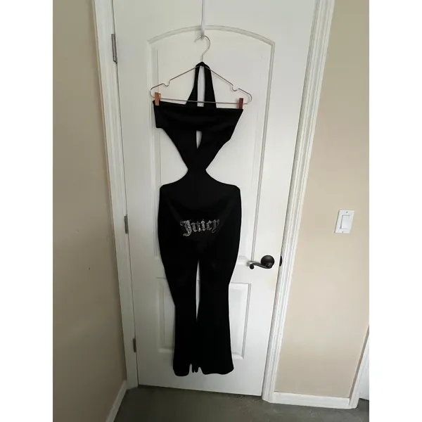 Juicy Couture‎ Jumpsuit Size M Black Velour Cutout Rhinestone Logo Flare Leg Y2K - Image 5